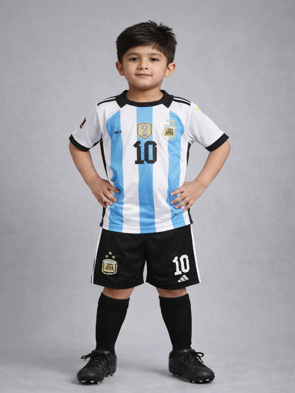 Messi Argentina 3 Star World Cup Home Kit Kids - #10 Jersey Shorts & Socks Set