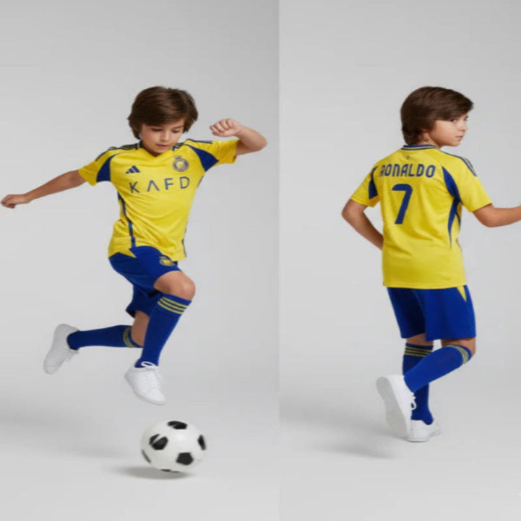 Child wearing a yellow and blue sports jersey with 'Ronaldo' and number '7', kicking a soccer ball on a white background.